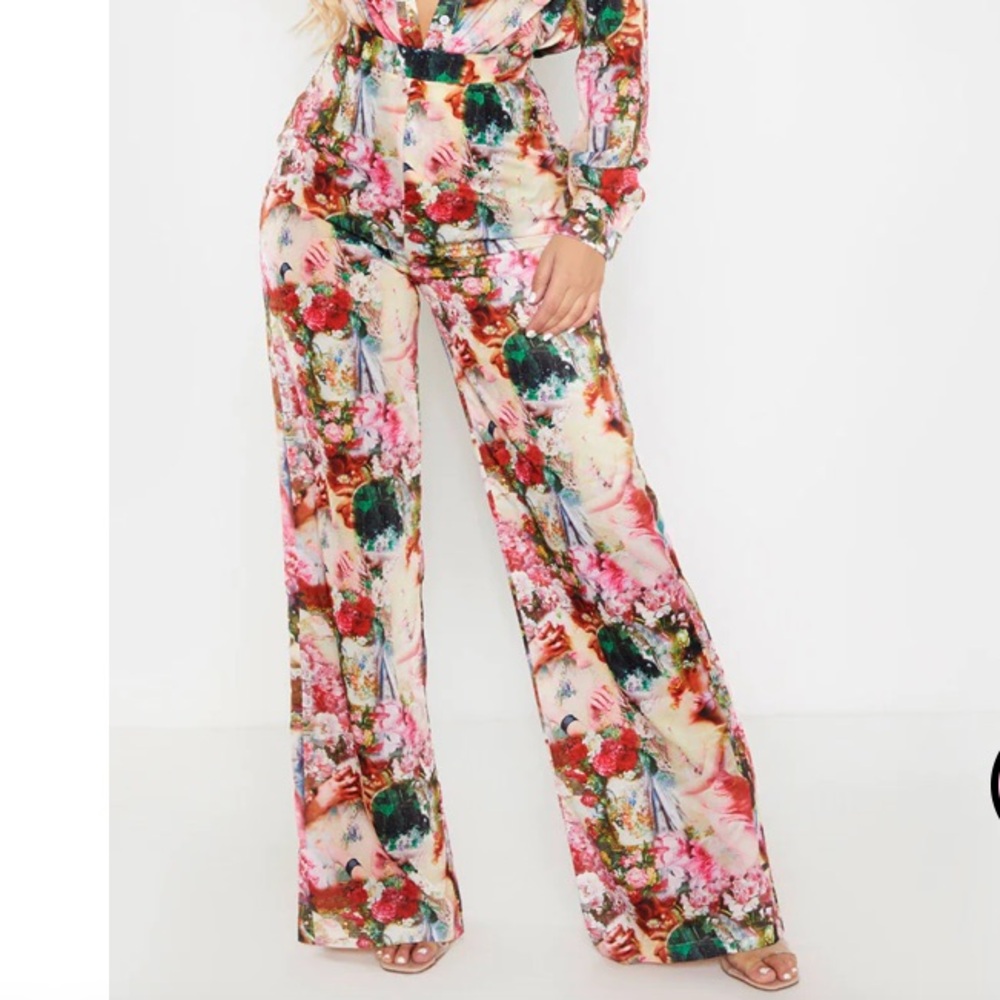 PrettyLittleThing Rose Femme Renaissance Print Wide Leg Pants